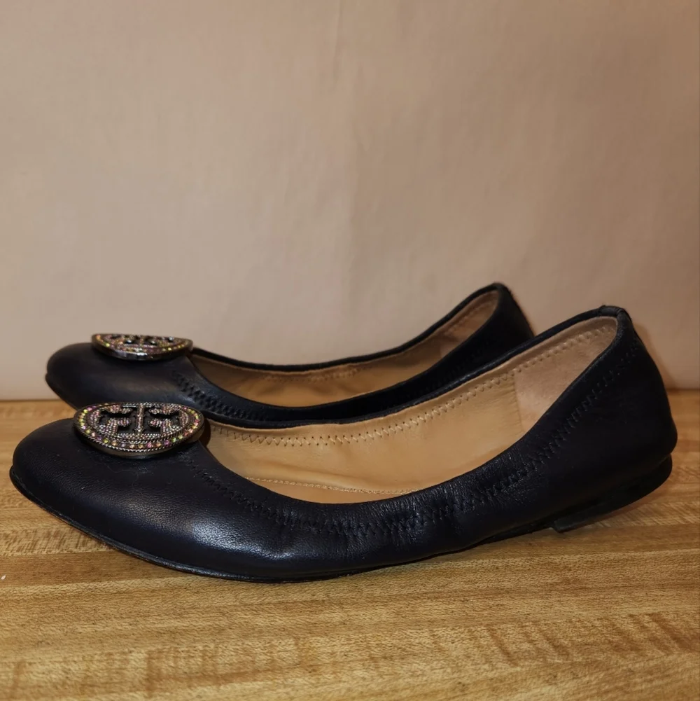 TORY BURCH Minnie Embellished Logo Travel Ballet Flat, size 7M